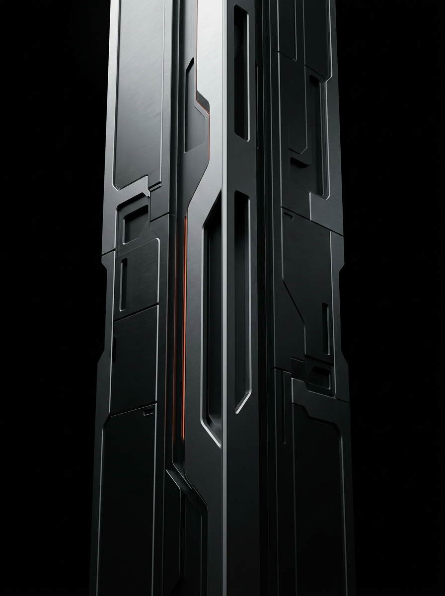 Vertical System Monolith — Abstract monumental engineered apparatus representing systems thinking, architectural precision, and digital product craft